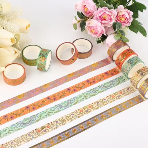 Washi Tape Set 20 Rolls Gold Foil Floral Decorative Tape Vintage Aesthetic Masking Tape for Arts Scrapbooking, Bullet Journaling, DIY Crafts, Planners, Gift Wrapping