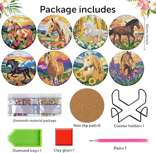 Diamond Art Coasters Kit, 8 Pieces Horse Diamond Painting Coasters Kit
