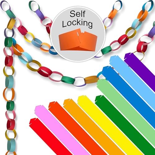 300 Paper Chain Strips for Crafting. No Glue or Tape Needed. Kid Friendly & Family Fun. Yields Over 50 Feet of Paper Chains for Party or Classroom Decorations (Multicolor)