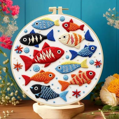 Zhenqing Colorful Fish Embroidery Kit for Beginners, Ocean Fish Needlework Craft, Pre-Printed Cotton Fabric with Hoop, Threads & Tools, 29x29cm (C0059)