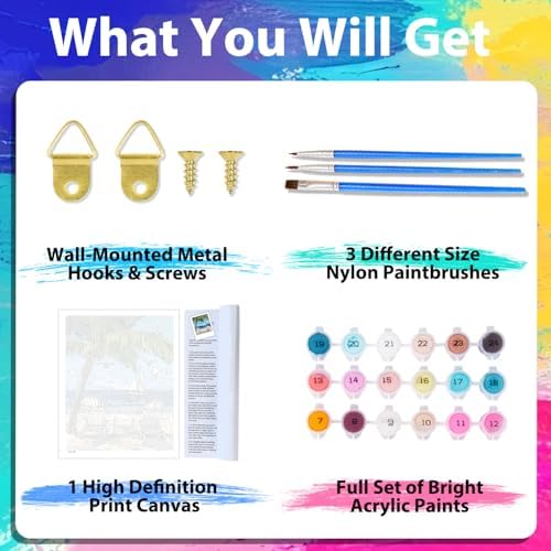 xcemhil Beach Paint by Numbers Kit for Adults, Paint by Number Palm Tree, Seaside Paint by Numbers Kit for Adults Beginner for Gift and Home Wall Decor 16x20 Inch