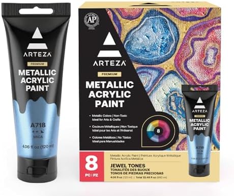 Arteza Metallic Acrylic Paint, Set of 8 Jewel Tones Colors in 4.06oz Tubes, Rich Pigments, Non Fading, Paints for Artists and Hobby Painters