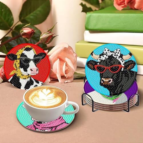 8 Pcs Cow Diamond Painting Coasters Kits for Adults,Cow Wearing Glasses Diamond Art Coasters with Non-Slip Cork Pads,DIY Round Drill Rhinestone Drink Coaster Art Craft for Home Decor Gifts 4x4 Inch.