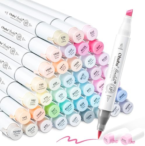 Ohuhu Alcohol Markers Brush& Chisel 48 Pastel Colors for Adults Coloring