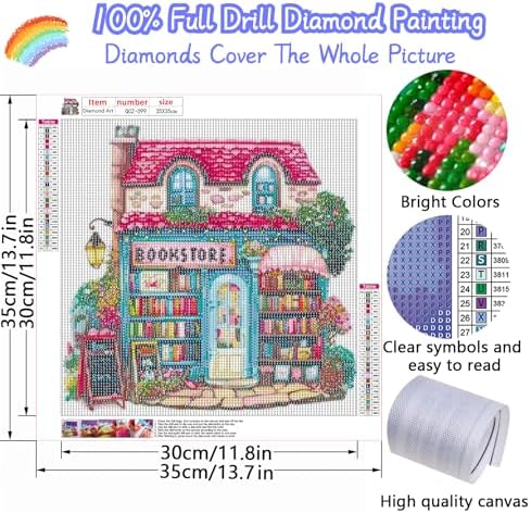 Pink Bookstore Diamond Painting Kits for Adults, 5D Diamond Art Painting by Numbers Kits, DIY Diamond Dots Art Kits, Full Round Drill Diamond Paintings for Adults for Home Wall Decor, 13.8x13.8 in