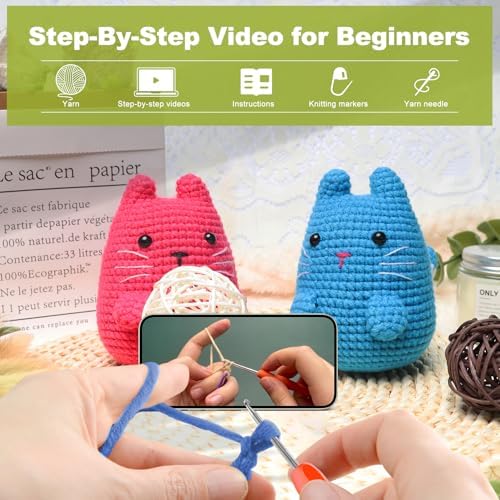 Faircosy Crochet Kit for Beginners Crocheting: Crochet Animal Kits for Kids & Adults - Learn to Knitting Cat Amigurumi Starter Kit with Detailed Tutorial Video and Instructions (40%+ Yarn Extra)