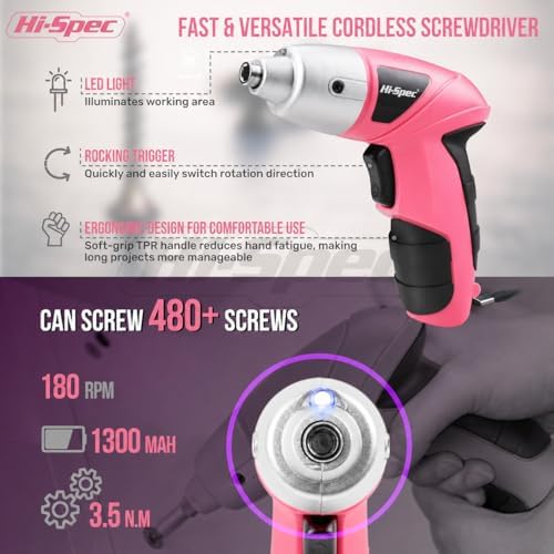Hi-Spec 3.6V Cordless Electric Screwdriver and Tool Kit for DIY, Pink | 19pc, fast assembly help, common screw bit selection, LED visibility, compact grip, quick household fixes, organized storage