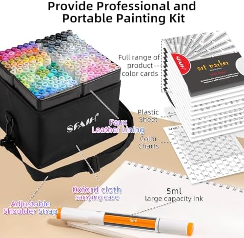 SFAIH 169 Alcohol Markers for Coloring, Brush & Fine Tip Art Set | Faux Leather Case with Strap, Zip Pocket & Lining, Premium Quality, Quick-Dry, No Bleed, Blendable, Adult Coloring, Illustrat