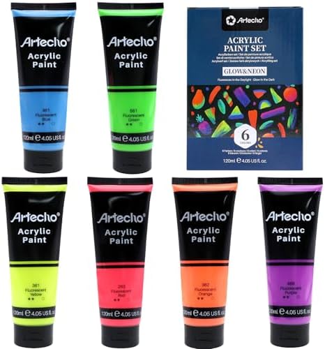 Artecho 6 Fluorescent Colors Acrylic Paint 120ml /4.05oz Tube | Semi Glossy Finish, High Pigment Rich Color Craft Paint for Canvas, Fabric, Non-Toxic