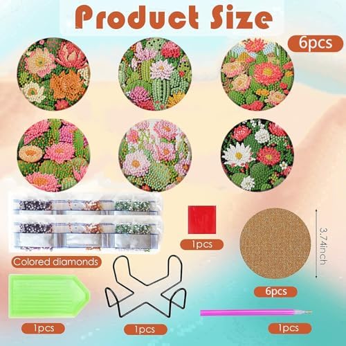 ijbnhd Cactus Diamond Painting Coasters Kit with Holde 4X4IN