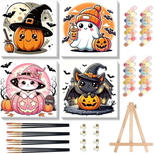 4 Pack Halloween Paint by Number for Kids with Wooden Frame - Wooden Easel