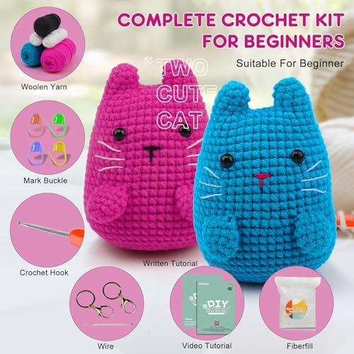 Faircosy Crochet Kit for Beginners Crocheting: Crochet Animal Kits for Kids & Adults - Learn to Knitting Cat Amigurumi Starter Kit with Detailed Tutorial Video and Instructions (40%+ Yarn Extra)