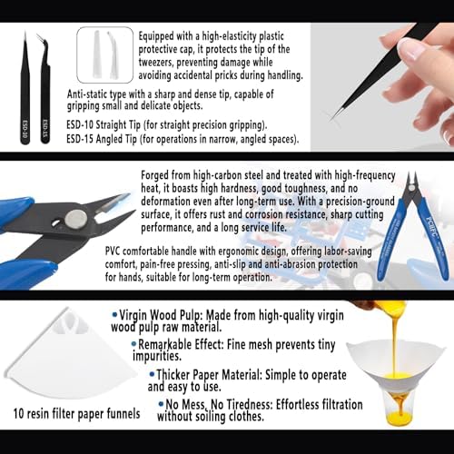 52 Pcs Resin 3D Printing Tool Kit with 304 Stainless Steel Resin Filter Funnel，Silicone Pad, Scraper，Tweezers & Cleaning Tools | Accessories for Model Removal, Resin Recycling & Post-Processing