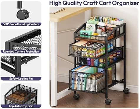 SWTYMIKI Rolling Utility Cart with Drawers - Under Desk Storage Cart with DIY Divider & Lockable Wheels, Multi-Functional Craft Art Supply Organizer for Office, Vanity, Craft Room & Studio Black