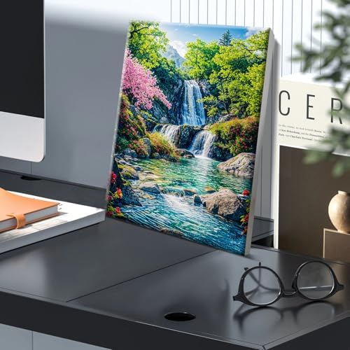 JOOZ Paint by Numbers Kit for Adults with Frame, Landscape Paint by Number with Easel, Mountain Waterfall Paint by Number Canvas, DIY Landscape Oil Painting Kit for Home Wall Decor 8x12 Inch
