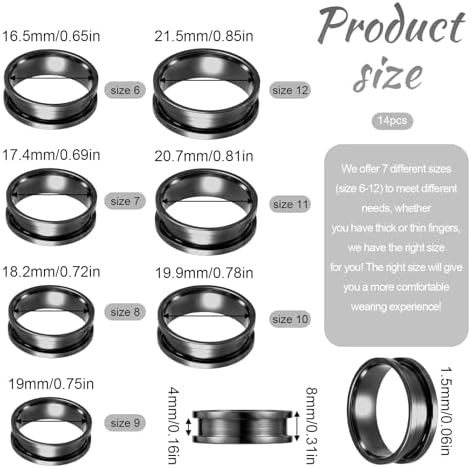 Ring Blanks, 14 Pcs Stainless Steel Finger Rings Grooved Core Inlay Blank Rings US Size 6/7/8/9/10/11/12 Empty Ring Blanks for Jewelry Making Kit Supplies (Black)