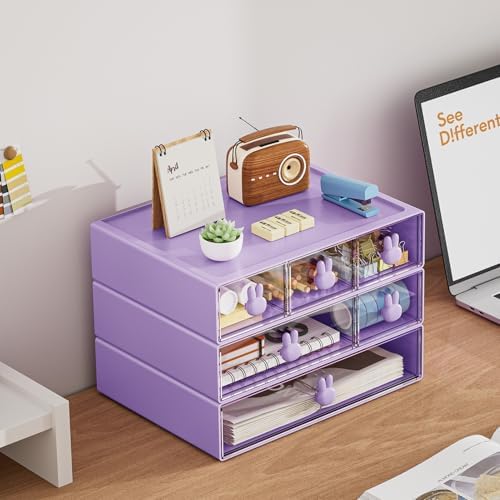 Marbrasse Desk Organizer with 6 Drawers, 3 Tier Stackable Storage Drawers Plastic Makeup Storage, Office Organizers and Storage, Desk Storage Box for Office, School, Home Purple