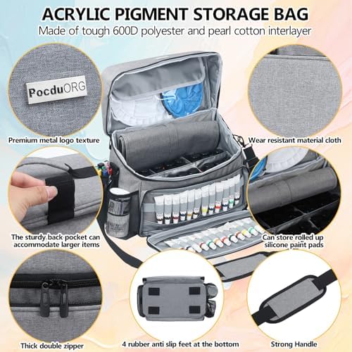 Acrylic Paint and Brush Set Organizer Bag - Carrying Case Compatible with Apple Barrel, Shuttle Art, Caliart Art Supplies - Includes Detachable Paint Brush Holder - for Home/Travel/Outdoor (Pro Gray)