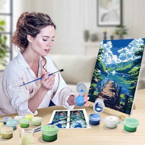 JOOZ Paint by Numbers Kit for Adults with Frame, Landscape Paint by Numbers with Easel, Lake Mountain Paint by Number with Frame, DIY Easy Paint by Numbers Kit for Adults Home Wall Decor 8 x 12 Inch