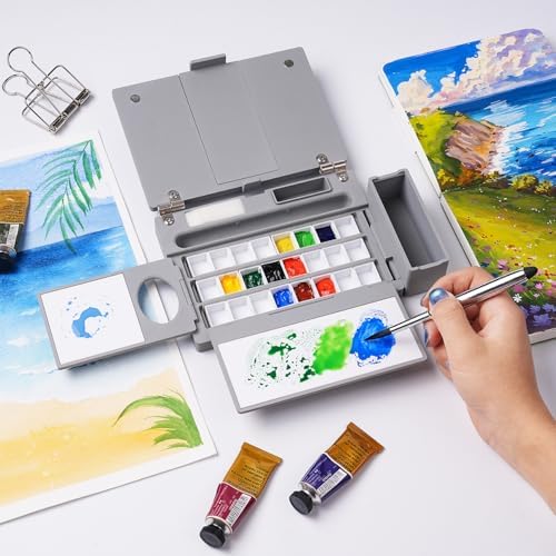Fuumuui Travel Watercolor Palette Box, All-in-One Portable Watercolor Kit with 24 Empty Removable Half-pan Grids, Travel Brush, Watercolor Cup and Clip - Plein Air Set for Right Hand Artists