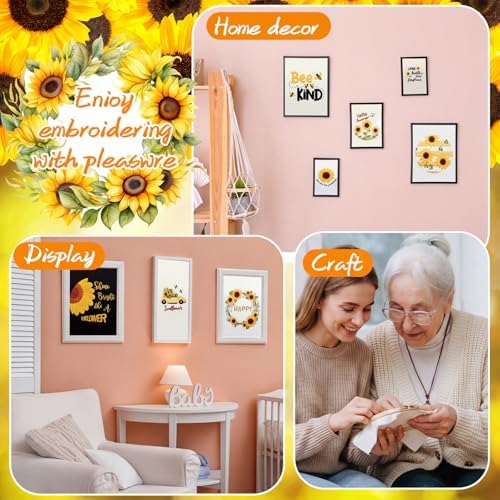 Riceshoot 8 Set Sunflower Embroidery Kits for Beginner Adults Bee Cross Stitch Kit DIY Needlepoint with Pattern Instruction, Hoop, Embroidery Fabric, Thread, Needle, Scissor, Gift for Home Decor