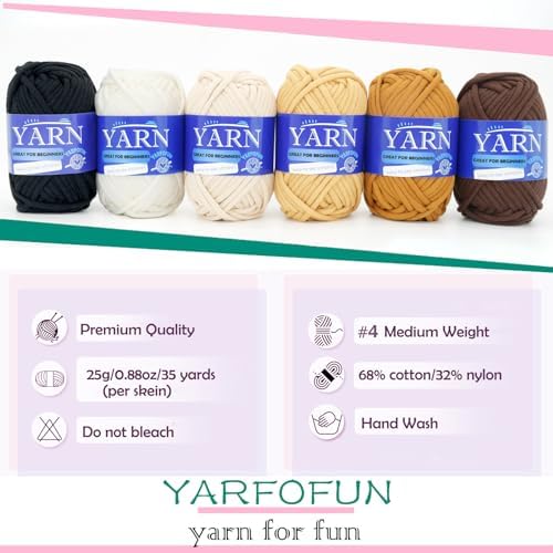 6 Pack Cotton Yarn for Beginners - Easy to See Stitches Crochet and Knitting Kit - Cotton Nylon Blend - Brown Series