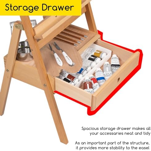 MEEDEN Forward Tilt Studio H-Frame Easel with Art Supply Storage Drawer - Adjustable (58"~75") Solid Beech Wood Easel Stand for Artists, Students and Beginners, Holds Canvas Art up to 37"