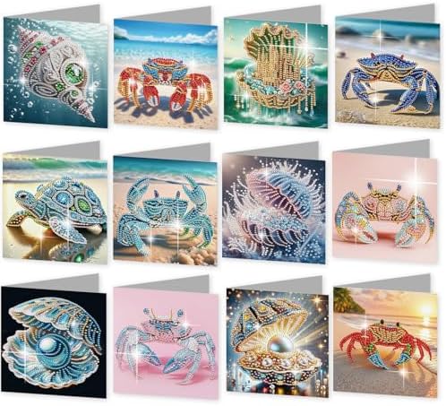 12pcs Diamond Art Painting Cards Beach Crab Seashell Turtle Kit