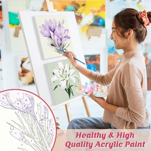 Flowers Paint by Number for Adults Beginners and Kids, 4 Pack DIY Adult Paint by Number Kits on Canvas Framed, Color by Numbers Acrylic Oil Painting Number Kits Crafts for Home Wall Decor 8x8inch