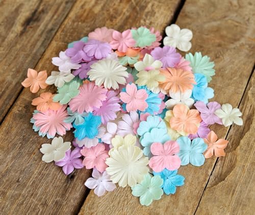 100 Pcs Handmade Mixed Mulberry Paper Flowers 30 mm - 1.5 Inch Scrapbooking Wedding DIY Craft Supplies Card. (Mixed Flowers Pastels)