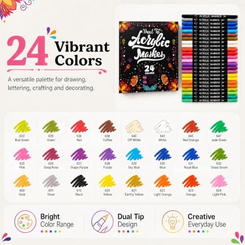 24 Colors Acrylic Paint Markers, Dual Tip Paint Markers with Fine & Brush Tip, Acrylic Paint Pens for Fabric, Rock Painting, Wood, Canvas, Adults Coloring Books, Ceramic, Glass, DIY Crafts