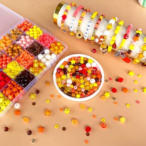 XBYzuzi 1540Pcs Fall Beads for Bracelets Making Kit, Thanksgiving Beads for Bracelets Jewelry Making Orange Assorted Autumn Maple Leaf Pumpkin Clay Bead Turkey Charms for Necklace Earrings DIY Crafts