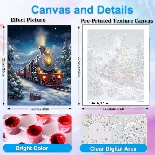 Artunion ChristmasTrain Paint by Numbers Kit for Adults,Snowy Landscape Paint by Number Kits, DIY Oil Painting Paint by Number Kits on Canvas Arts Craft for Home Wall Decor 16x20 Inch