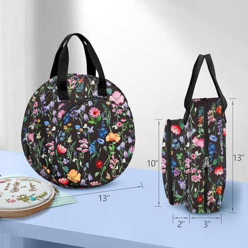 FINPAC Embroidery Project Bag, Embroidery Supplies Storage Carrying Tote Case with Multiple Pockets for Floss, Hoops, Thread, Stitch Tools Kit [Bag Only] (Black Floral)