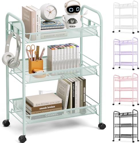 TOOLF 3 Tier Rolling Cart, Metal Utility Storage Cart with Wheels, Green | 3 Hooks, Screwless Assembly, Trolley Organizer for Bathroom, Kitchen, Office, Nursery, Dorm, Laundry Room