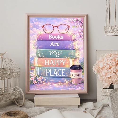 EOPLK Books Diamond Painting Kits for Adults, Books are My Happy Place Diamond Art Kit for Beginners, 5D DIY Full Drill Round Gem Painting by Numbers for Home Wall Decor Gift, 12x16 inch