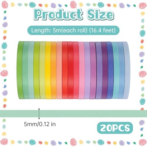 Skrfren 20 Rolls Washi Tape Set, 5mm Rainbow Pastel Colors Thin Decorative Masking Tape, Assorted Colorful Skinny Craft Tapes, Aesthetic Set for Journal, Planner, DIY, Scrapbooking, Gift Wrapping