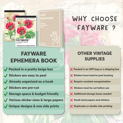 FAYWARE Vintage Washi Stickers for Journaling - Ephemera Book for Journaling with 414 Stickers & 20 Scrapbook Papers. Junk Journal Supplies, Scrapbooking Supplies | FAYWARE Ephemera for Junk Journals, 410+ Vintage Journaling Stickers, 20 Scrapbook Papers