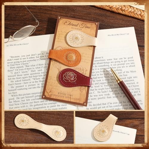3PCS Vintage Magnetic Leather Bookmark, Leather Magnetic Bookmarks for Women, Magnetic PU Bookmarks Clip Book Accessories, Gilded Flower