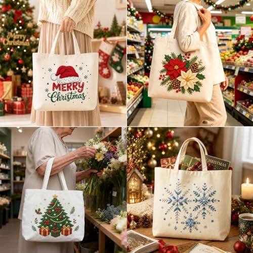 ARTopet Embroidery Tote Bag Kit for Beginners Christmas Canvas Cross Stitch Handbag with Hoops Needles Threads Reusable Grocery Bag for Women-Poinsettia