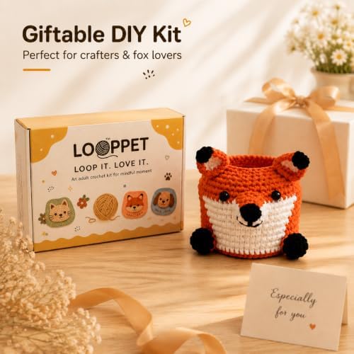 LOOPPET Crochet Kit for Beginners Adults - Cute Fox Pen Holder Desk Organizer, Beginner Friendly DIY Crochet Kit with Custom Easy Yarn, Video Tutorials & Step-by-Step Manual, Gift for Craft Lovers