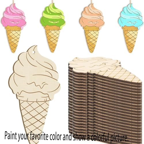 Wooden Ice Cream Decorations, 10pcs Blank Wood Ornaments, 3.5X1.5 in Used for Painting and Decoration DIY Technology, Hanging skrnrhrery