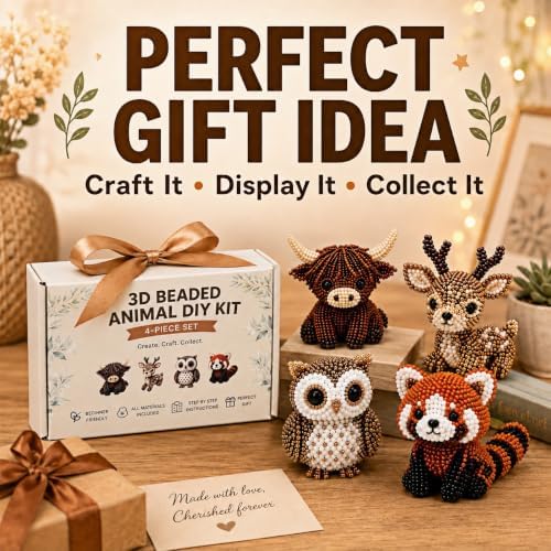 3D Beaded Animal DIY Kit, 4 Piece Craft Set for Adults Teens Beginners, Make Highland Cow Deer Owl Red Panda, Animal Art Project with Color Beads Thread Storage Box Instructions, Gift for Crafters