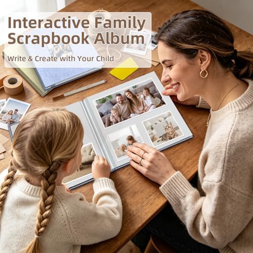 Popotop Photo Album Self Adhesive with Picture Display Window,40 Pages DIY Scrapbooking Supplies Kit for 4x6 10x12 Picture,Linen Cover Memory Book for Baby Wedding, with Scraper and Metallic Pen