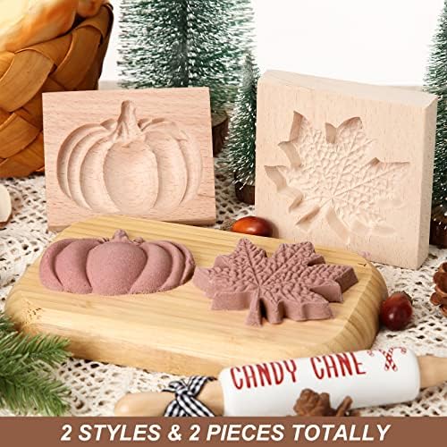 Meanplan Carved Wooden Cookie Mold, Baking Embossing Cookies Stamp Mold Cutter Funny 3D Heart Wood Rose Dessert Tools for Christmas Kitchen DIY Baking Tools(Maple Leaf, Pumpkin)