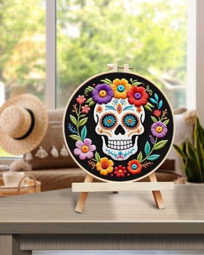 TINDTOP Embroidery Kit for Adult Beginners, Embroidery DIY Starter Kit, with Stamped Patterns, Hoop, Tools, Colorful Threads with Needles, Instructions (Skeleton B)