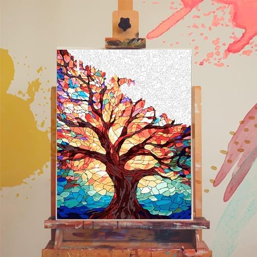 Tree Paint by Numbers for Adults - Stained Glass Paint by Number on Canvas