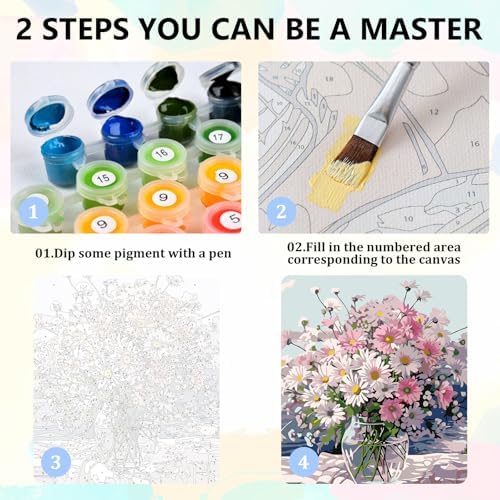 4 Pack Flowers Framed Paint by Numbers Kit for Adults, 10x12 inch