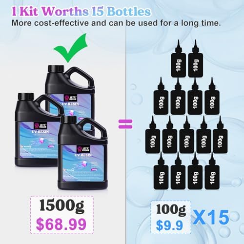 LET'S RESIN UV Resin, 1500g Hard Resin with Silicone Measuring Cups | Crystal Clear, Low Viscosity, Odorless, Anti-Yellowing, Fast Cure, Low Shrinkage, Beginner-friendly for UV Jewelry, Molds