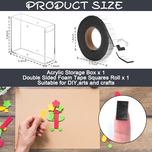 Double Sided Foam Tape Pre Cut 3/4 X 1/2 Inch EVA Foam Adhesive Squares Roll with Acrylic Storage Box 3D Foam Squares for Crafts Arts Sewing DIY Office Supplies (Tape+Box, Black)
